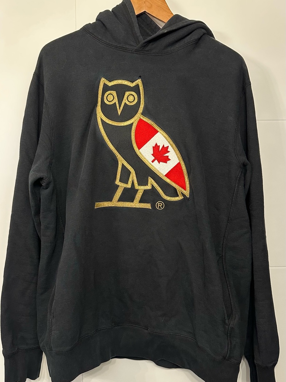 OVO Black Hoodie with Gold Owl and Red Canadian Flag Patch